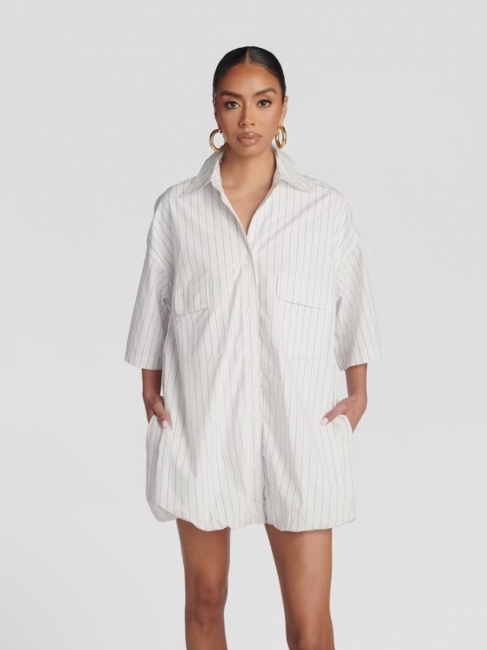 KBB by Kahlana Short Sleeve the bubble Shirt Dress White Black Pinstripes M NWT